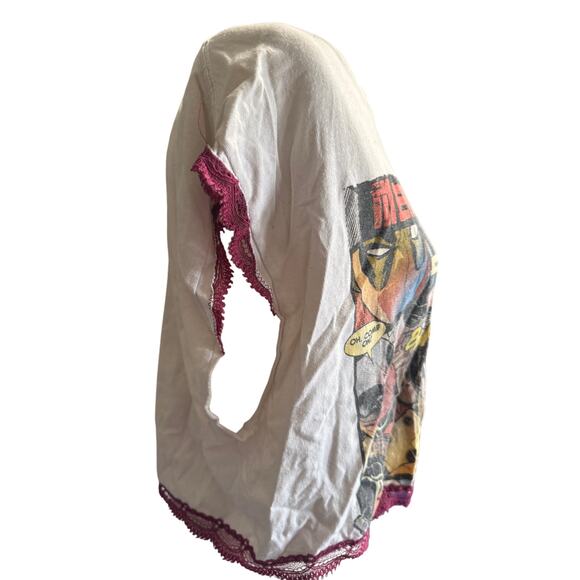 MARVEL DEADPOOL ltd edition tee upcycled to cute cut off shirt w/ red lace trim - Picture 3 of 9